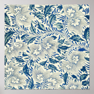 Blått blommönster Antik asiatisk design Poster
