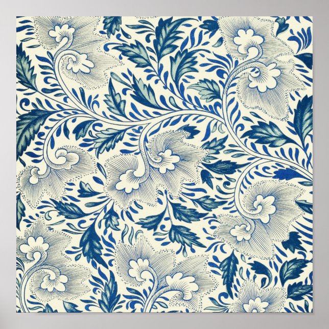 Blått blommönster Antik asiatisk design Poster (Framsidan)