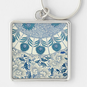 Blått Blommönster Antique Asian Design Fyrkantig Silverfärgad Nyckelring