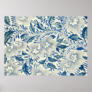 Blått Blommönster Antique Asian Design Poster