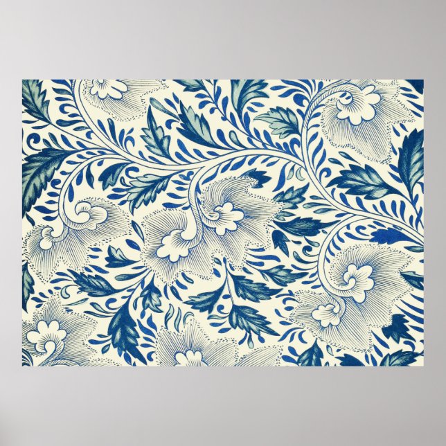 Blått Blommönster Antique Asian Design Poster (Framsidan)