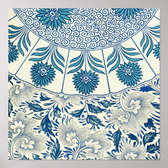 Blått Blommönster Antique Asian Design Poster (Framsidan)
