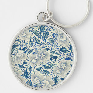 Blått Blommönster Antique Asian Design Rund Silverfärgad Nyckelring