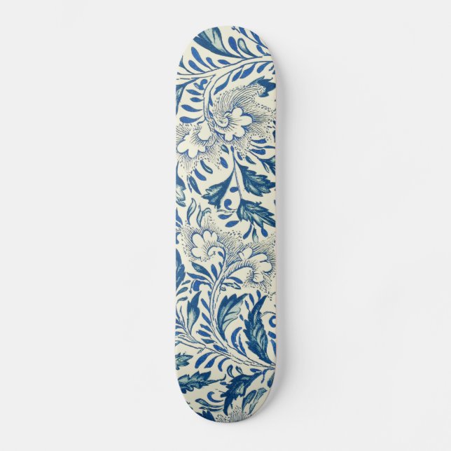 Blått Blommönster Antique Asian Design Skateboard Bräda 20,5 Cm (Framsida)