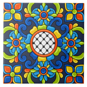 Blått Blommönster för Cute Art Deco-Abstrakt Kakelplatta