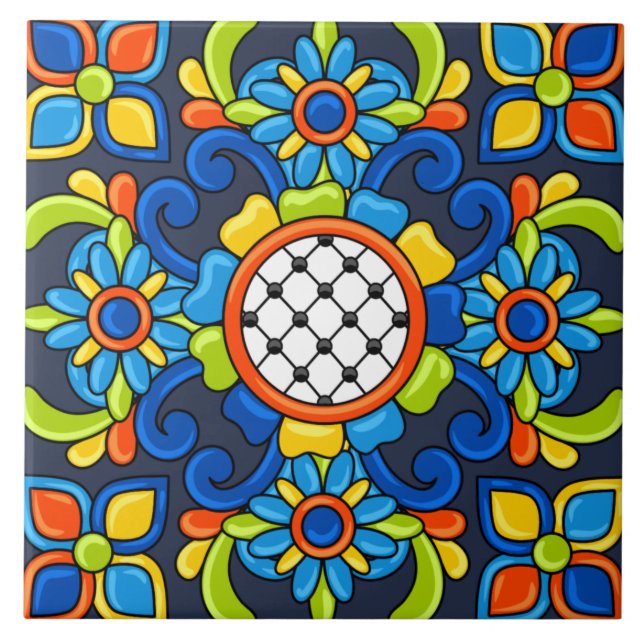 Blått Blommönster för Cute Art Deco-Abstrakt Kakelplatta (Framsidan)