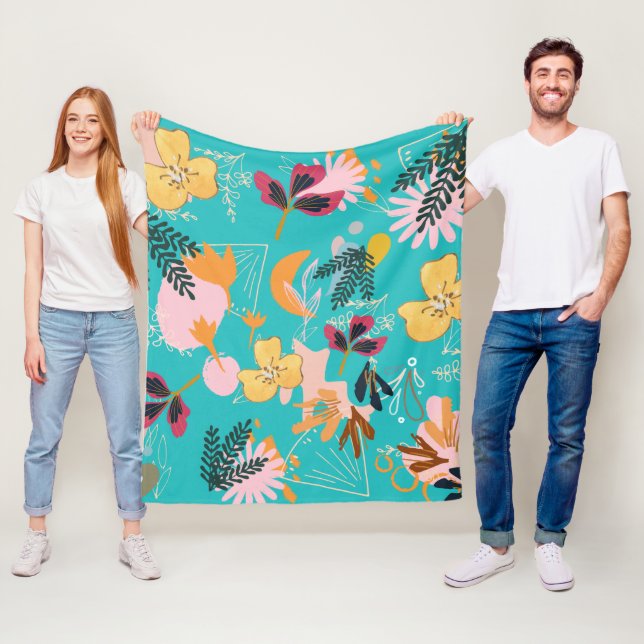 Blått blommönster för hennes abstrakt rosa f fleecefilt (På plats)