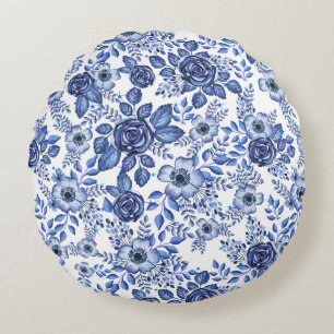 Blått Blommönster för vattenfärg Rund Kudde