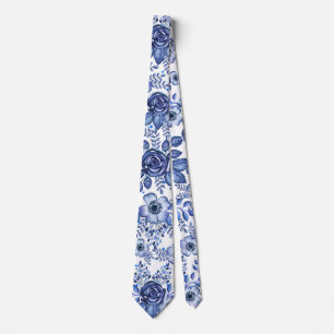 Blått Blommönster för vattenfärg Slips