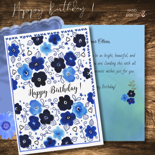 Blått blommönster Glad födelsedag-kort Julkort (Blue Floral Pattern Happy Birthday Card)