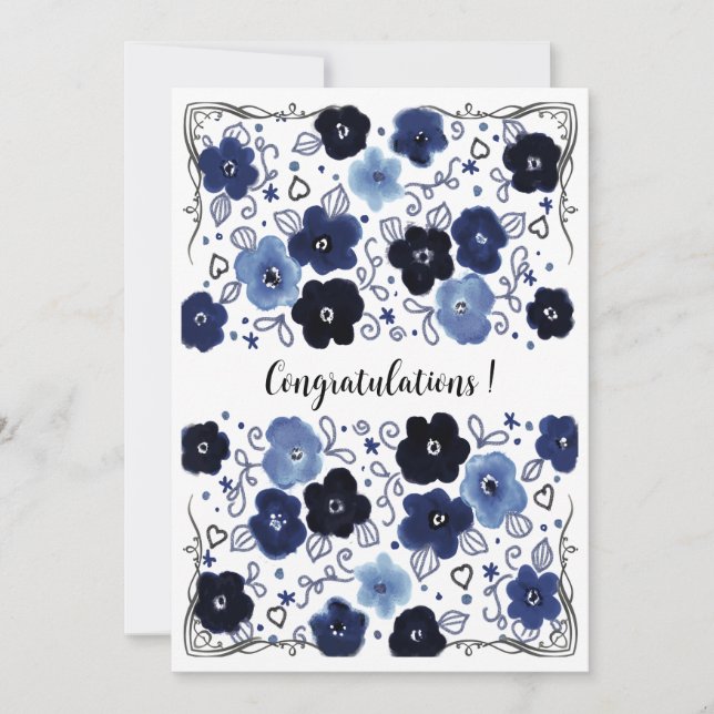 Blått blommönster Glad Grattis-kort Julkort (Framsida)