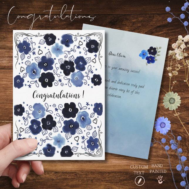 Blått blommönster Glad Grattis-kort Julkort (Blue Floral Pattern Happy Congratulations Card)