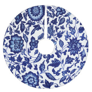 Blått blommönster i kinesisk Mörk på vitt Julgransmatta Borstad Polyester