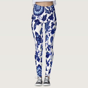 Blått blommönster i kinesisk Mörk på vitt Leggings