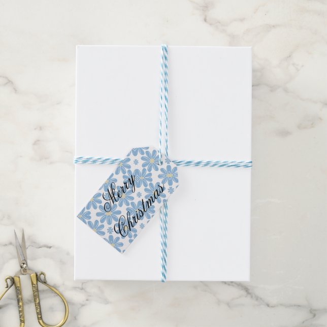 Blått blommönster - Julklappstaggar Presentetikett (With Twine)