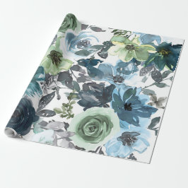 Blått Blommönster, Konstnärlig vattenfärg Presentpapper