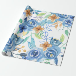 Blått Blommönster, Konstnärlig vattenfärg Presentpapper
