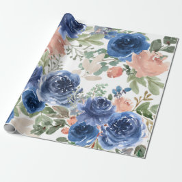 Blått Blommönster, Konstnärlig vattenfärg Presentpapper