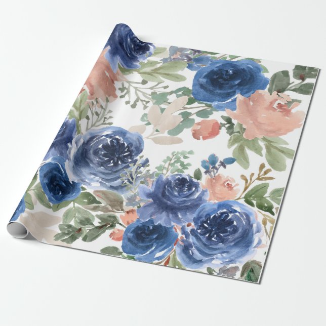 Blått Blommönster, Konstnärlig vattenfärg Presentpapper (Utrullad)