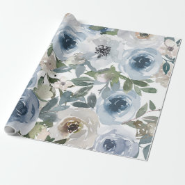 Blått Blommönster, Konstnärlig vattenfärg Presentpapper