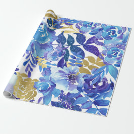 Blått Blommönster, Konstnärlig vattenfärg Presentpapper