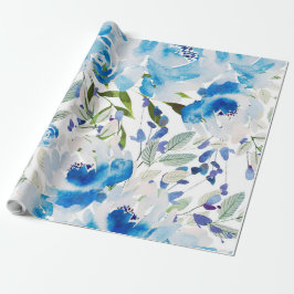 Blått Blommönster, Konstnärlig vattenfärg Presentpapper