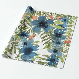 Blått Blommönster, Konstnärlig vattenfärg Presentpapper