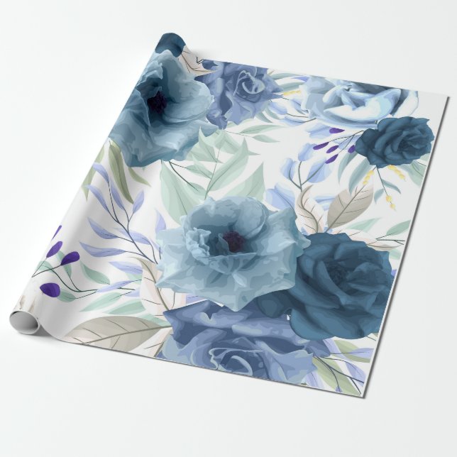 Blått Blommönster, Konstnärlig vattenfärg Presentpapper (Utrullad)
