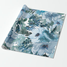 Blått Blommönster, Konstnärlig vattenfärg Presentpapper