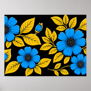 Blått blommönster med gyllene blad poster