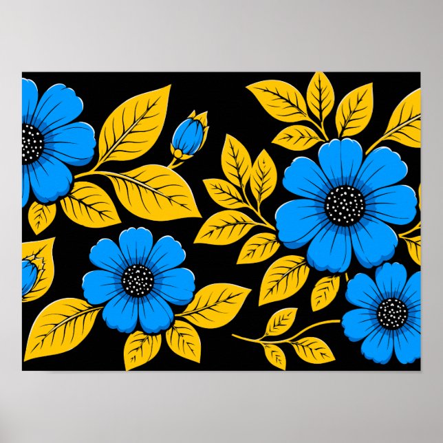 Blått blommönster med gyllene blad poster (Framsidan)