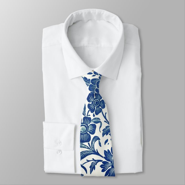 Blått Blommönster Slips (Bunden)
