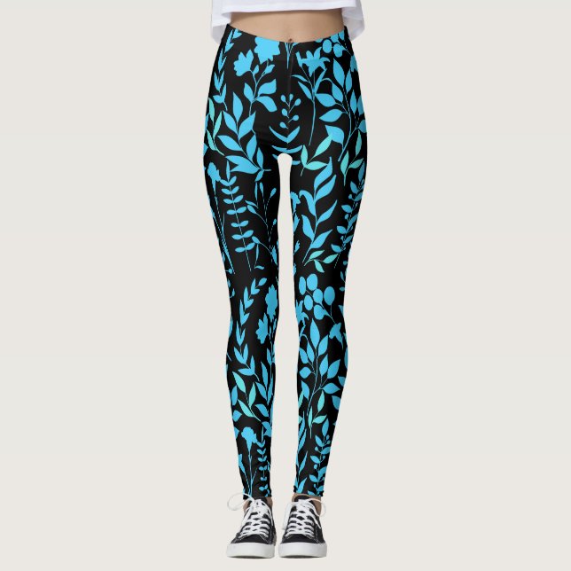 Blått Blommönster.ST01 Svart BG Leggings (Framsida)