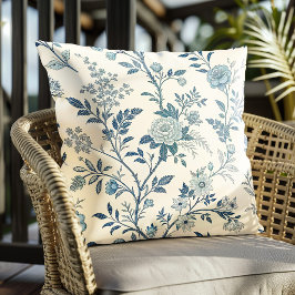 Blått Blommotiv i Vintage-stil Kudde