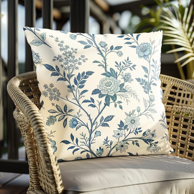 Blått Blommotiv i Vintage-stil Kudde (Skapare uppladdad)