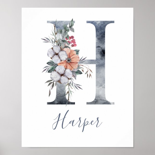 Blått blomsterakvarellmonogram H-namn Poster (Framsidan)