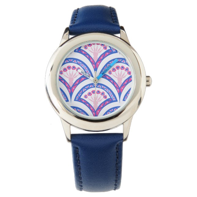 blått blomsterdamastmönster  armbandsur (Framsida)