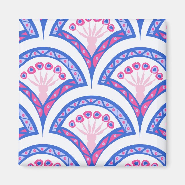 blått blomsterdamastmönster  magnet (Framsidan)