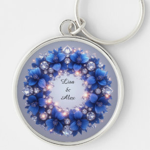 Blått blomsterkrans Personligt namn presentcharm � Rund Silverfärgad Nyckelring
