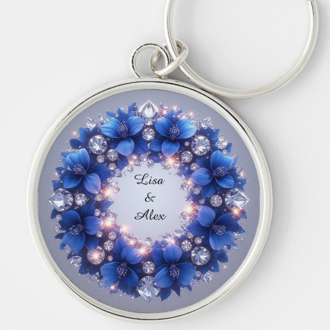 Blått blomsterkrans Personligt namn presentcharm � Rund Silverfärgad Nyckelring (Framsidan)