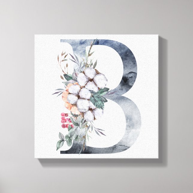 Blått blomstermonogram initial B Canvastryck (Framsida)