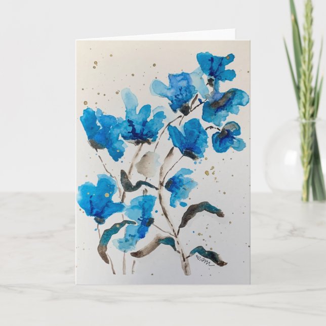 Blått blomstermotiv i akvarell - presentkort kort (Framsida)