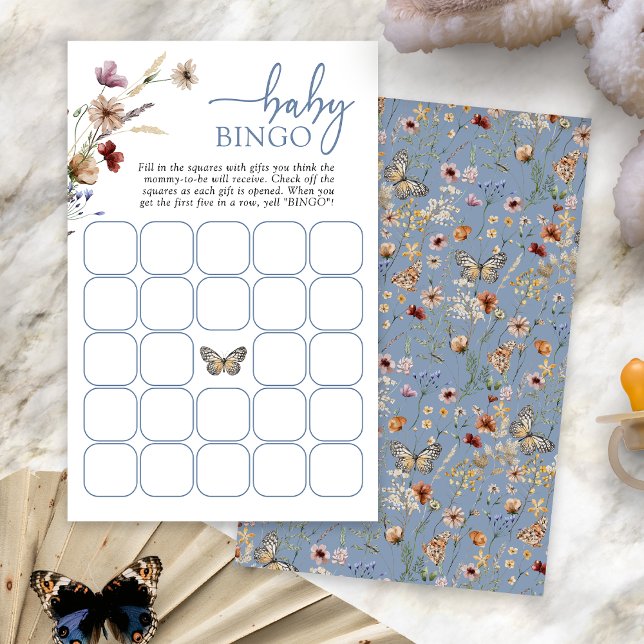Blått Boho Babybingo-spel (Dust Blue Boho Floral Baby Bingo Game Card with Butterfly by Painted Paperie
)