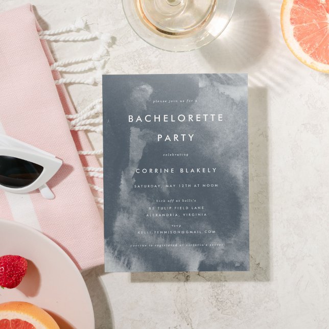 Blått Boho Watercolor Bachelorette-partiets inbjud Spara Datumet (Blue watercolor wash modern bohemian bachelorette party invitation.)