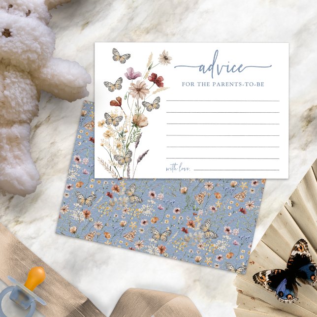 Blått Boho Wildblomskort Inbjudningar (Dusty Blue Boho Wildflower Advice Card with Butterflies by Painted Paperie)