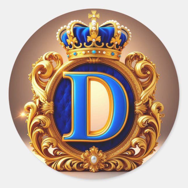 Blått Bokstavs-D Kronmonogram Rund Etikett (Framsida)