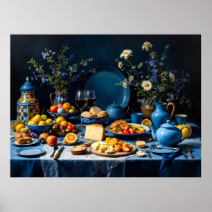 Blått Bord-liv med frukt, ost och flöde Poster