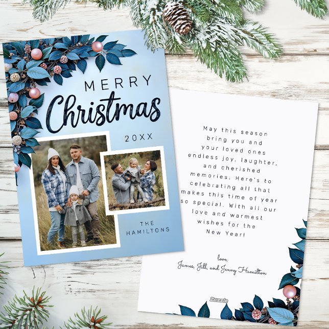 Blått botaniskt 2-foto-julkort, Helgdag Julkort (Blue Christmas Card)
