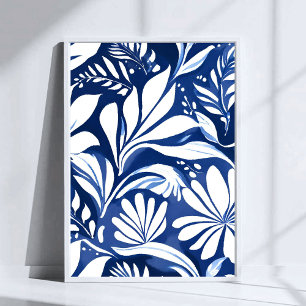 Blått botaniskt akvarell blomster mönster poster