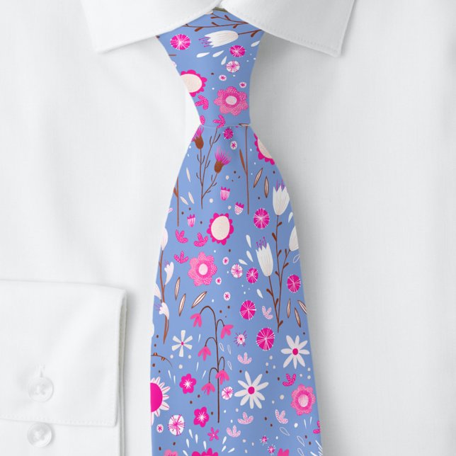 Blått botaniskt Blommigt Slips (Blue and pink modern floral botanical neck tie)